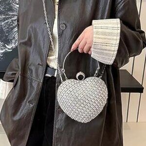 Neiman Marcus Silver Rhinestone Heart Shape Clutch Purse